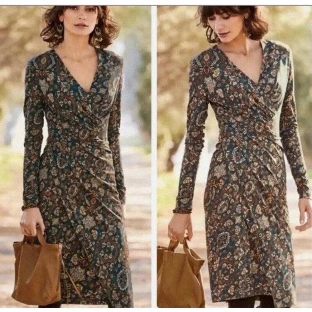 P15 Peruvian Connection Dress Ariana Stretch Faux Wrap Dress Persian Print Sz M